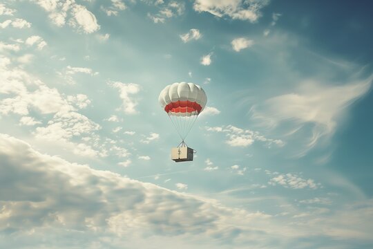 Airdrop operation delivering humanitarian or military supplies from aircraft via parachutes, with cargo landing to ground. Logistical operation aiding those in need or supporting military missions.