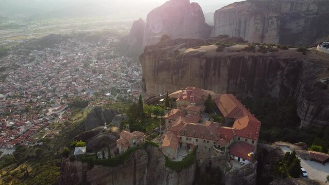 Aerial view of Monastery of Saint Stephen (Agios Stefanos Monastery) in Meteora, Greece. St. Steven Monastery, a UNESCO World Heritage site.