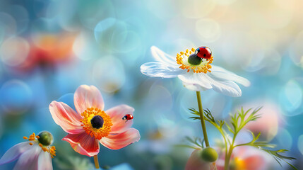 Obraz na płótnie Canvas Beautiful flowers anemones and ladybug in spring nature outdoors against blue sky, macro, soft focus. Generative Ai