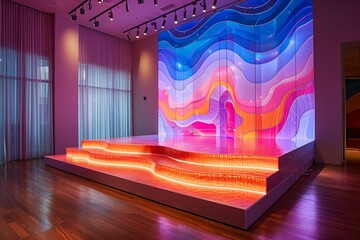 A vibrant and colorful art installation in a room, featuring mesmerizing wave patterns and an illuminating presence.