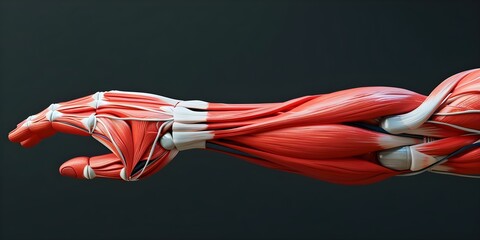 Detailed 3D model of a mans forearm muscles showcasing complexity and strength in the anatomical region. Concept Anatomy, Forearm Muscles, Strength, 3D Model, Detailed - obrazy, fototapety, plakaty