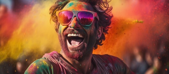 A fictional character with sunglasses and a beard is joyfully covered in colorful powder at an art event, creating a fun and happy atmosphere filled with entertainment and smiles - obrazy, fototapety, plakaty