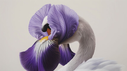 a close up of a bird with a flower in it's beak and a white swan in the background.