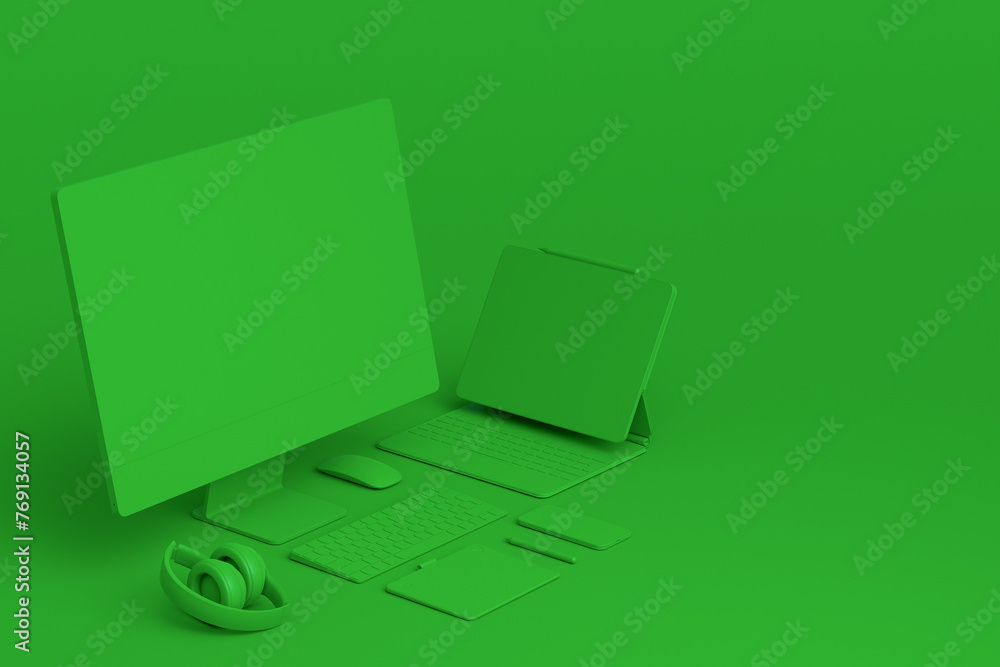 Poster desktop computer with keyboard, tablet, phone and dslr camera on monochrome