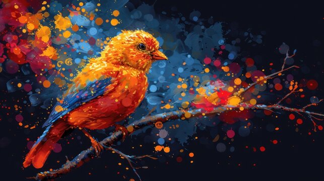 a painting of a bird sitting on a branch in front of a blue background with red, yellow, and orange colors.