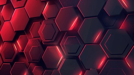 Abstract dark hexagon pattern on red neon background technology style. Modern futuristic geometric shape web banner design. - obrazy, fototapety, plakaty