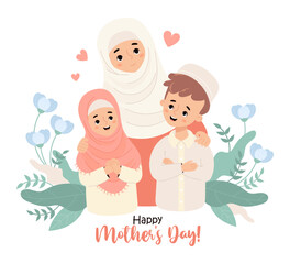 Islamic family. Cute Muslim mother with her smiling children son and daughter. Happy Mother's Day card. Vector illustration