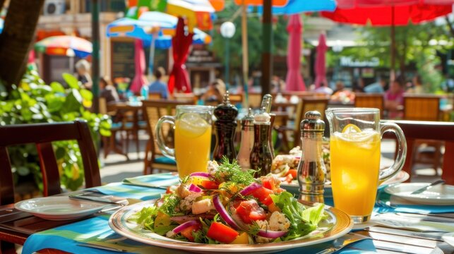 a close up of a plate of food on a table with glasses of orange juice and umbrellas in the background.