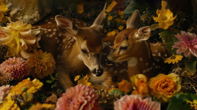a couple of deer laying next to each other on top of a field of flowers on a field of yellow and pink flowers.