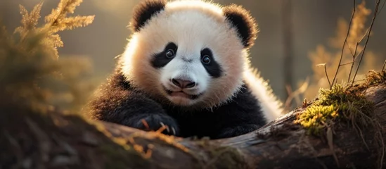 Foto op Plexiglas A carnivorous terrestrial animal, the panda bear with its furry coat and distinctive black and white coloring is perched on a tree branch in its natural jungle habitat, gazing at the camera © pngking