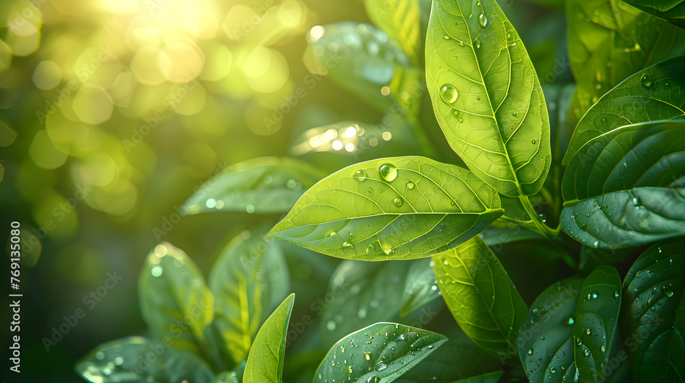 Aufkleber green leaf with a water drop on it. the water drop hangs from the tip of the leaf, creating a feelin