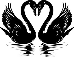 A pair of swans reflected in water, forming a heart shape, symbolizing love and elegance for romantic designs.