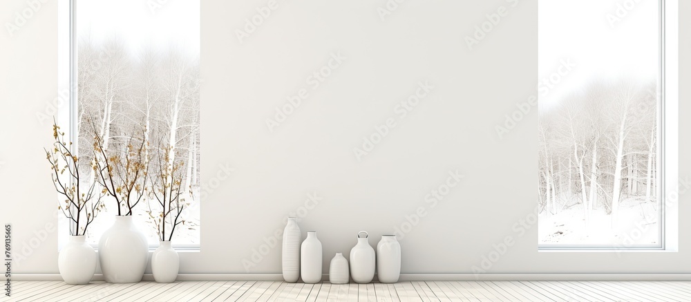 Poster arranged on the windowsill are three assorted vases, with one additional vase resting on the floor n