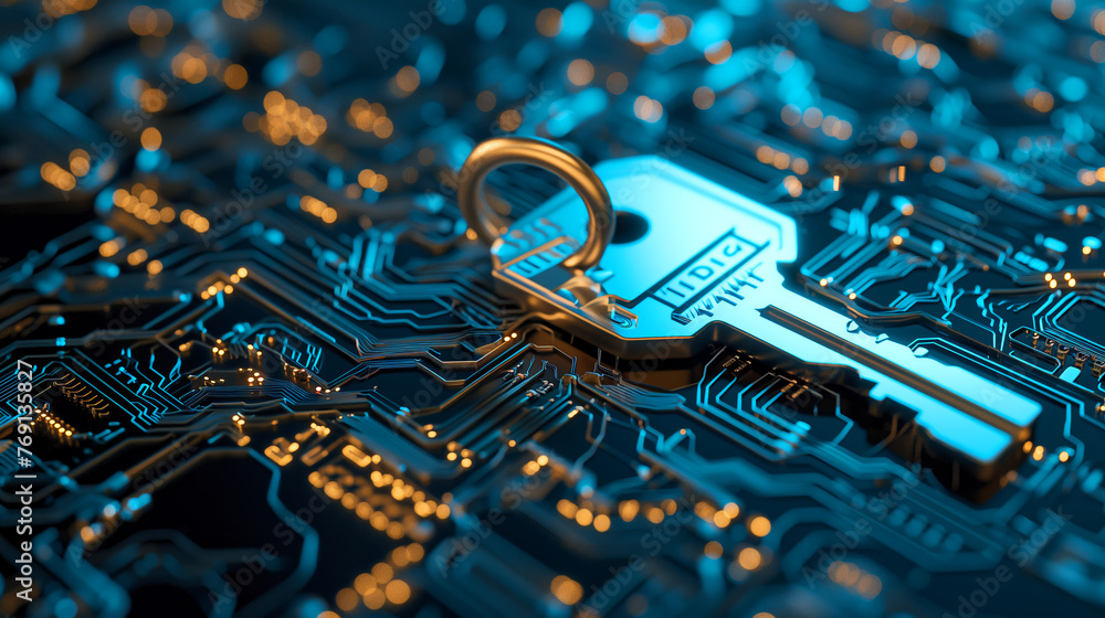 Poster padlock on a circuit board, depicting data encryption and cybersecurity