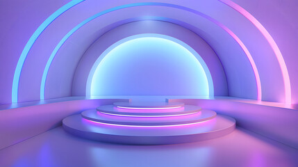 Obraz premium Beautiful modern futuristic podium with integrated lighting in light blue and purple colors for product presentation. Generative Ai