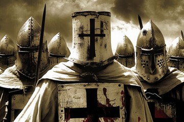 An Array of Crusader Knights in Battle Regalia, Uniting Under the Red Cross, Poised for a Historical Siege with Valor, Generative AI - obrazy, fototapety, plakaty