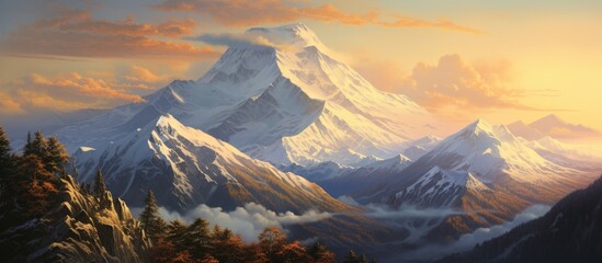 Scenic painting depicting a majestic mountain overlooking a serene valley underneath, capturing the beauty of nature - obrazy, fototapety, plakaty