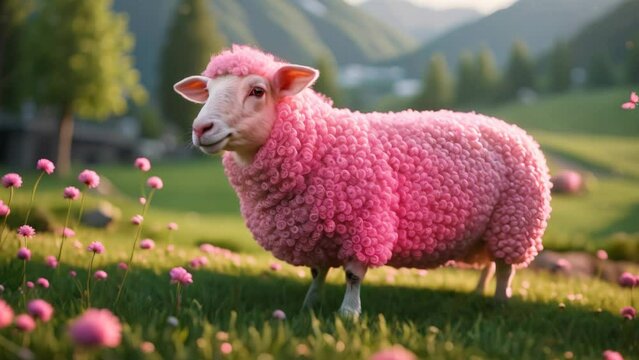 Pink lamb on green grass
