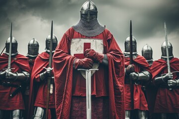 An Array of Crusader Knights in Battle Regalia, Uniting Under the Red Cross, Poised for a Historical Siege with Valor, Generative AI