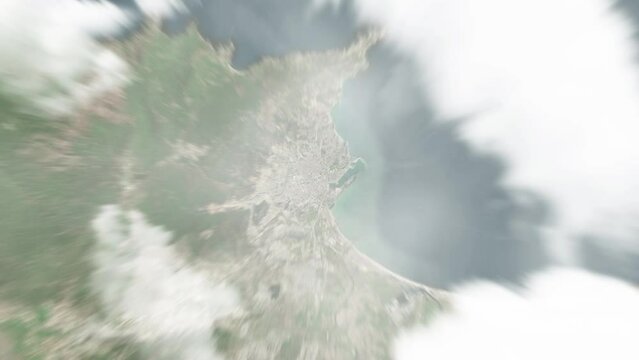 Earth zoom in from space to Annaba, Algeria. Followed by zoom out through clouds and atmosphere into space. Satellite view. Travel intro. Images from NASA
