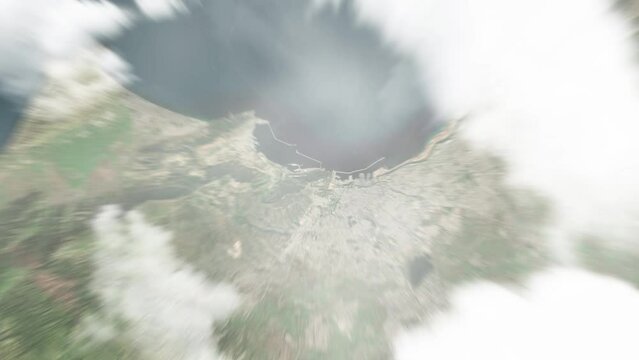 Earth zoom in from space to Oran, Algeria. Followed by zoom out through clouds and atmosphere into space. Satellite view. Travel intro. Images from NASA