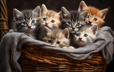 cute kittens in a wicker basket - obrazy, fototapety, plakaty