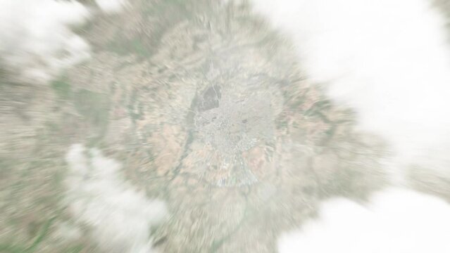 Earth zoom in from space to Setif, Algeria. Followed by zoom out through clouds and atmosphere into space. Satellite view. Travel intro. Images from NASA