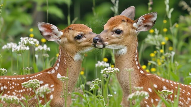 two young deer standing next to each other in a field of grass and wildflowers with trees in the background.