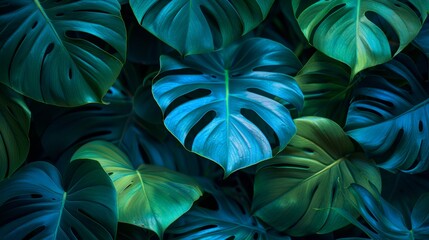 Close-up of Monstera Leaves Under Blue and Green Neon Lights Generative AI - obrazy, fototapety, plakaty