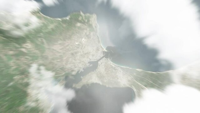Earth zoom in from space to Bizerte, Tunisia. Followed by zoom out through clouds and atmosphere into space. Satellite view. Travel intro. Images from NASA