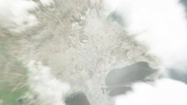 Earth zoom in from space to Ariana, Tunisia. Followed by zoom out through clouds and atmosphere into space. Satellite view. Travel intro. Images from NASA