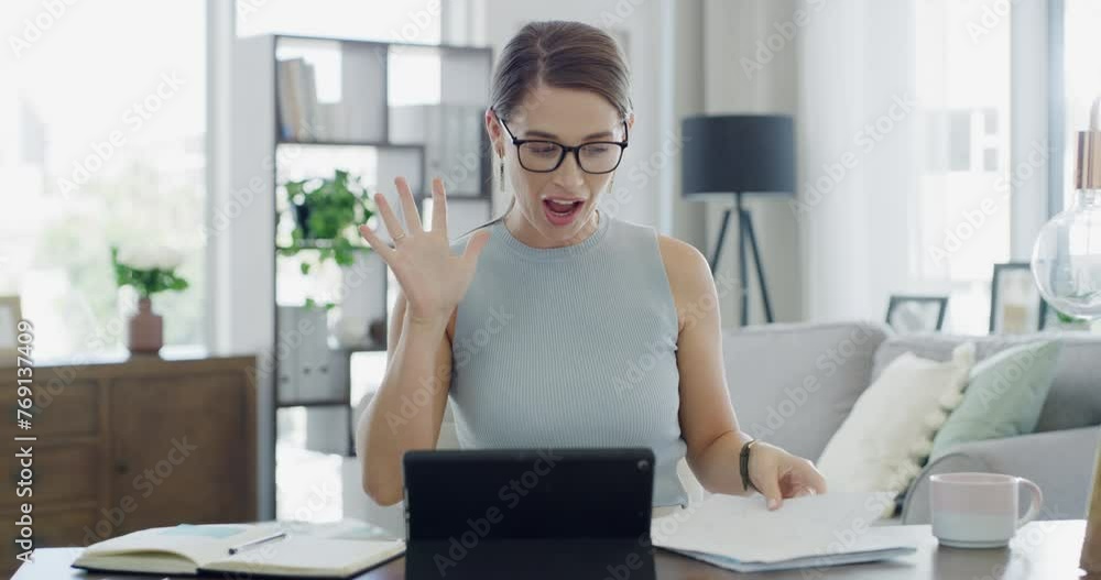 Poster woman, video call and teaching on laptop for online learning student, education or class. female per