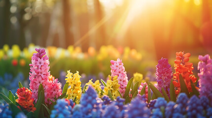 Beautiful natural spring landscape with a colorful field of hyacinth flowers against the backdrop of forest and sun. Generative Ai