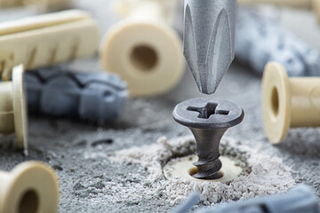 screwdriver screw and dowel in a concrete wall background