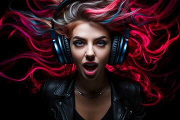 Naklejka na ściany i meble portrait of a girl in headphones on a black background
