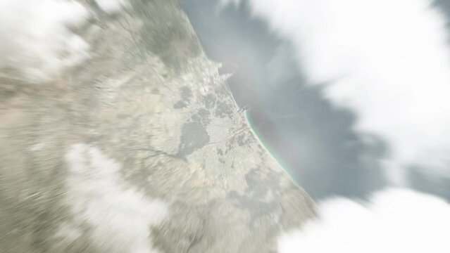 Earth zoom in from space to Gabes, Tunisia. Followed by zoom out through clouds and atmosphere into space. Satellite view. Travel intro. Images from NASA