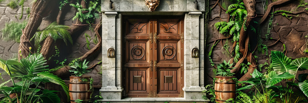 Vintage Doorway Architecture, Entrance with Old World Charm, Detailed Wooden and Metal Design