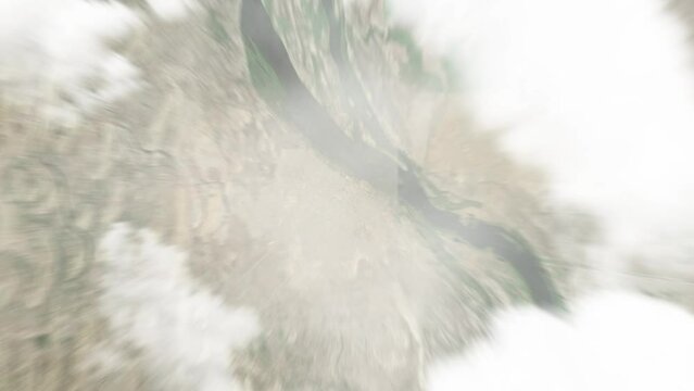Earth zoom in from space to Kosti, Sudan. Followed by zoom out through clouds and atmosphere into space. Satellite view. Travel intro. Images from NASA