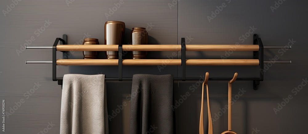 Poster a wooden rectangle shelf with metal hooks is mounted on the wall. it serves as a functional towel ra