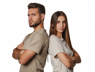 portrait couple standing back to back isolated against transparent background smiling