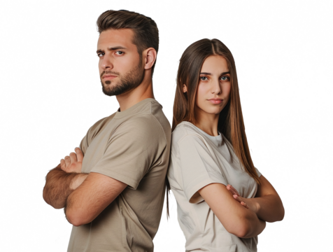 portrait couple standing back to back isolated against transparent background smiling