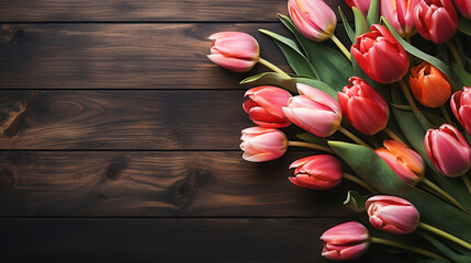 tulips arrangement on a wooden table flat lay top view - obrazy, fototapety, plakaty