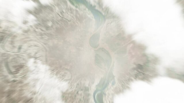 Earth zoom in from space to Singa, Sudan. Followed by zoom out through clouds and atmosphere into space. Satellite view. Travel intro. Images from NASA