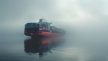 sea container ship in fog in the port