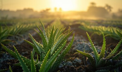 Aloe vera leaves being harvested from an organic farm - obrazy, fototapety, plakaty