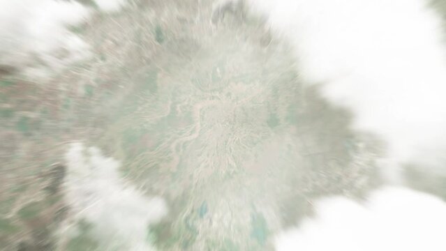 Earth zoom in from space to Am Timan, Chad. Followed by zoom out through clouds and atmosphere into space. Satellite view. Travel intro. Images from NASA