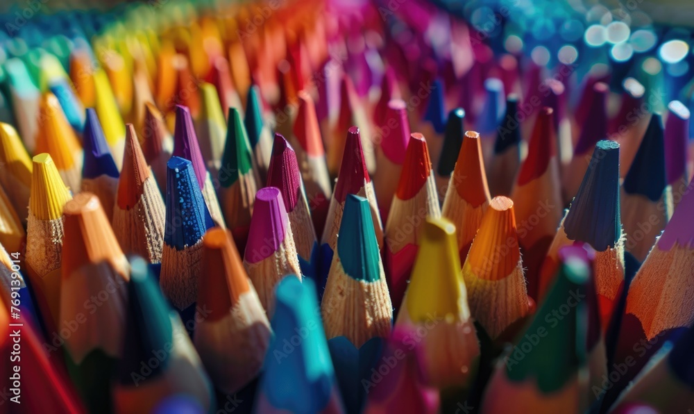 Poster an overhead shot of colored pencils arranged in a pattern, abstract background with colored pencils