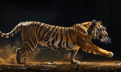 Fototapeta na wymiar An Indochinese tiger captured in motion against a studio backdrop, tiger on black background