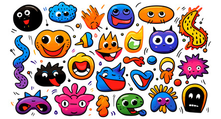 カラフルなレトロ漫画の落書きイラスト セット。ヴィンテージスタイルの目と幸せそうな顔のリアクションステッカーコレクション。面白いサイケデリックなキャラクターが微笑む、モダンなフラット描画アート。