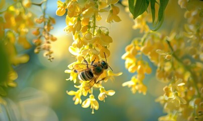 Close-up of a bee collecting nectar from laburnum flowers - obrazy, fototapety, plakaty